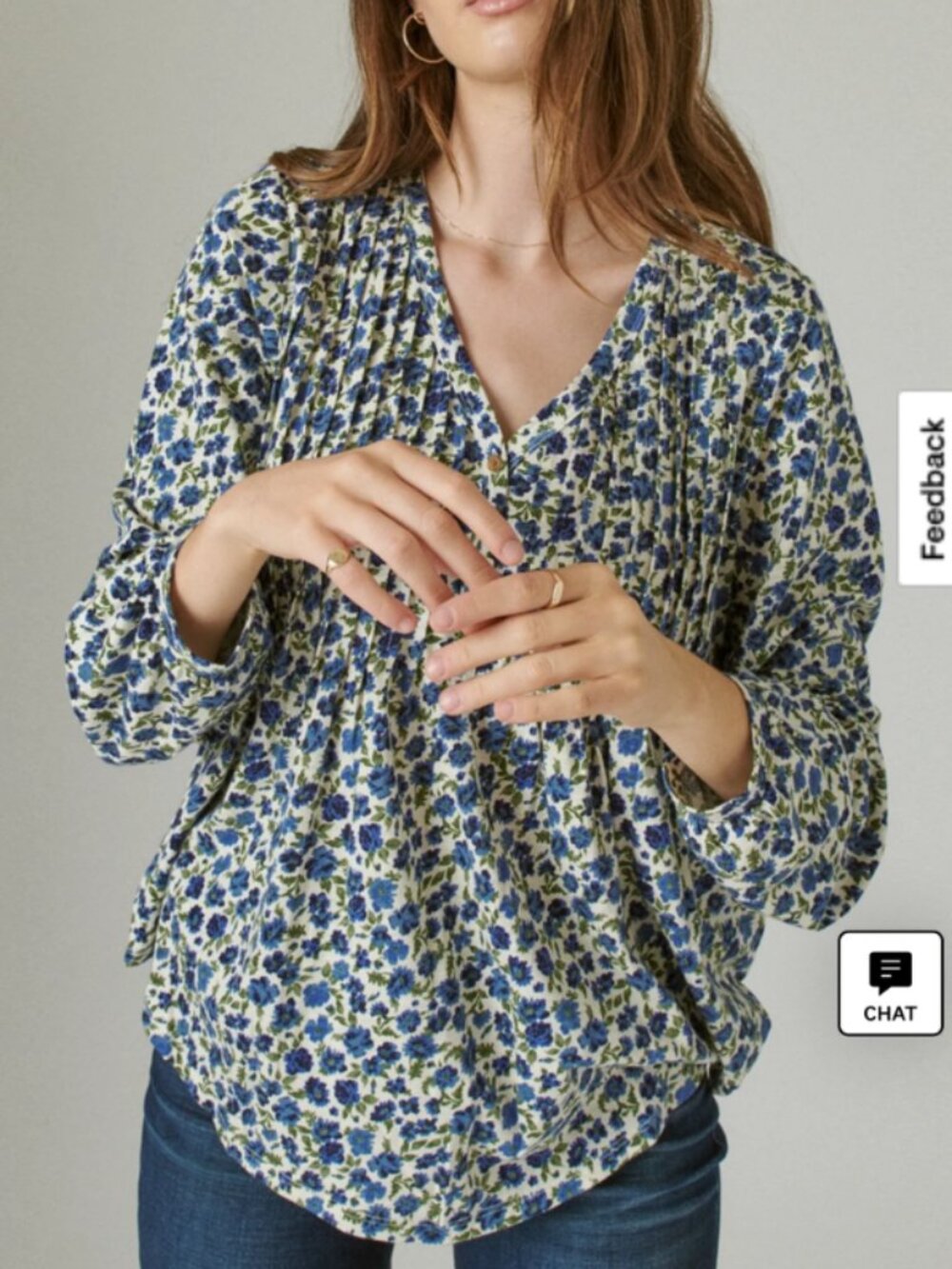 Lucky Brand Women's Blue Floral Henley Pleated Long Sleeve Cotton Top, Large